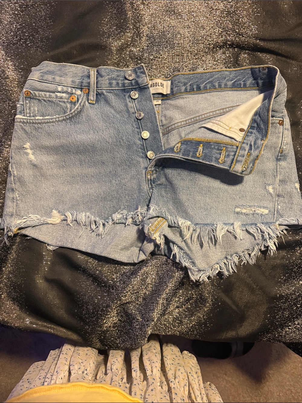 Agolde Light Blue Frayed Hem Button-Fly Denim Shorts